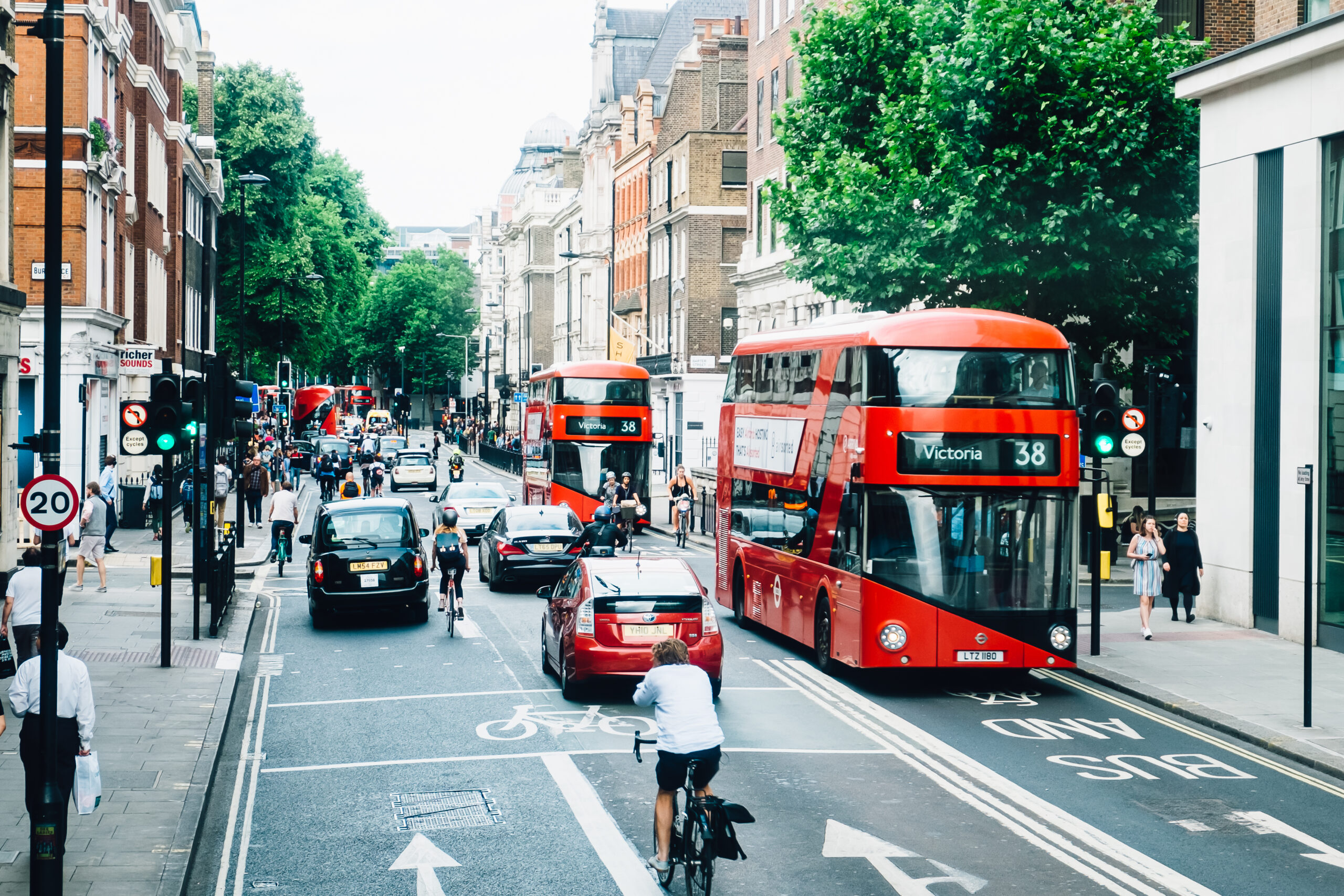 London road with bus, cars and cyclist