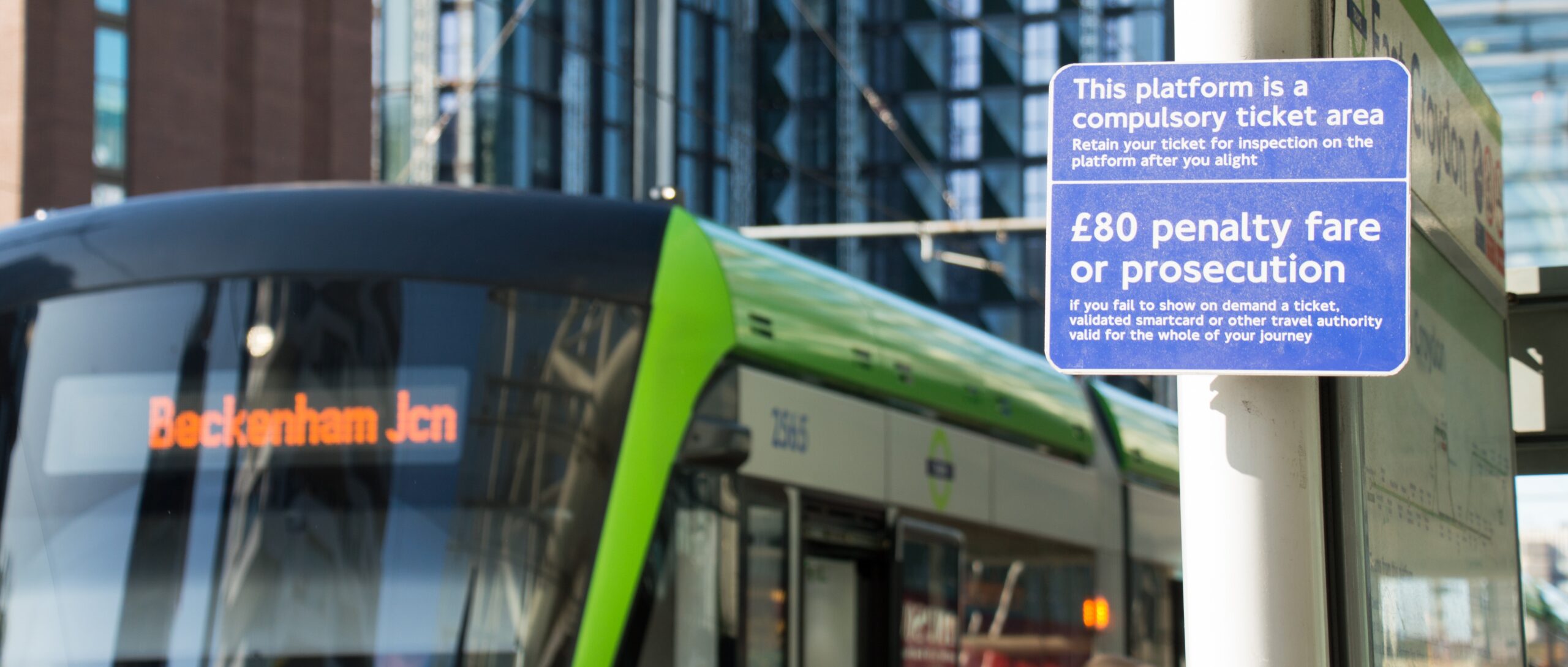 Penalty fare sign at East Croydon tram station