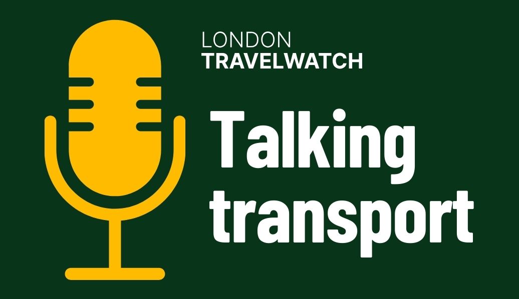 The words Talking Transport in white on a dark green background with a yellow microphone