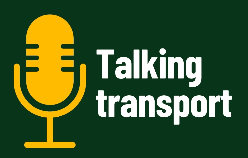 The words Talking Transport in white on a dark green background with a yellow microphone