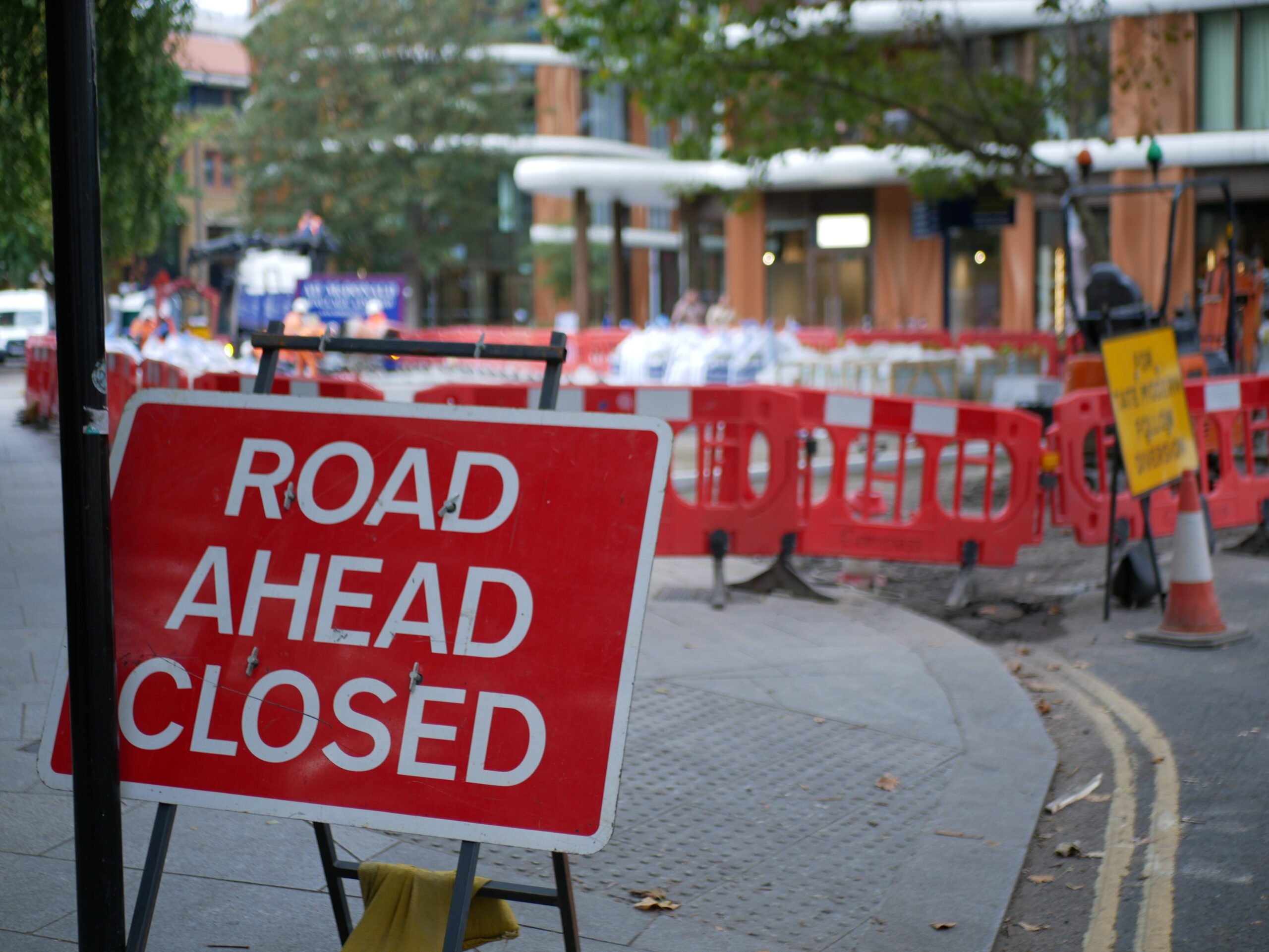 A red sign reading 