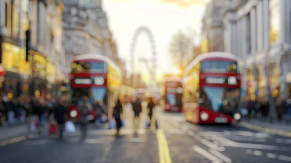Blurry London street with buses and London eye