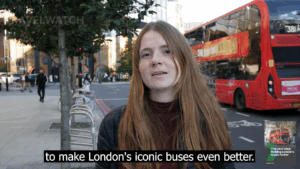 The next stop video report launch featuring Alex Smith, Head of Campaigns at London TravelWatch speaking to camera while traffic passes in the background