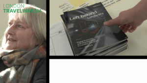 Still from Left behind Londoners launch video featuring an elderly member of the public and the report being picked up by someone out of frame