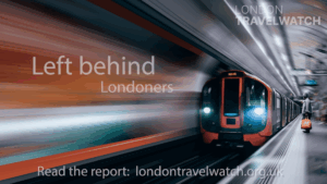 Left behind Londoners report front cover featuring a person standing at a London Underground platform with the train in the station