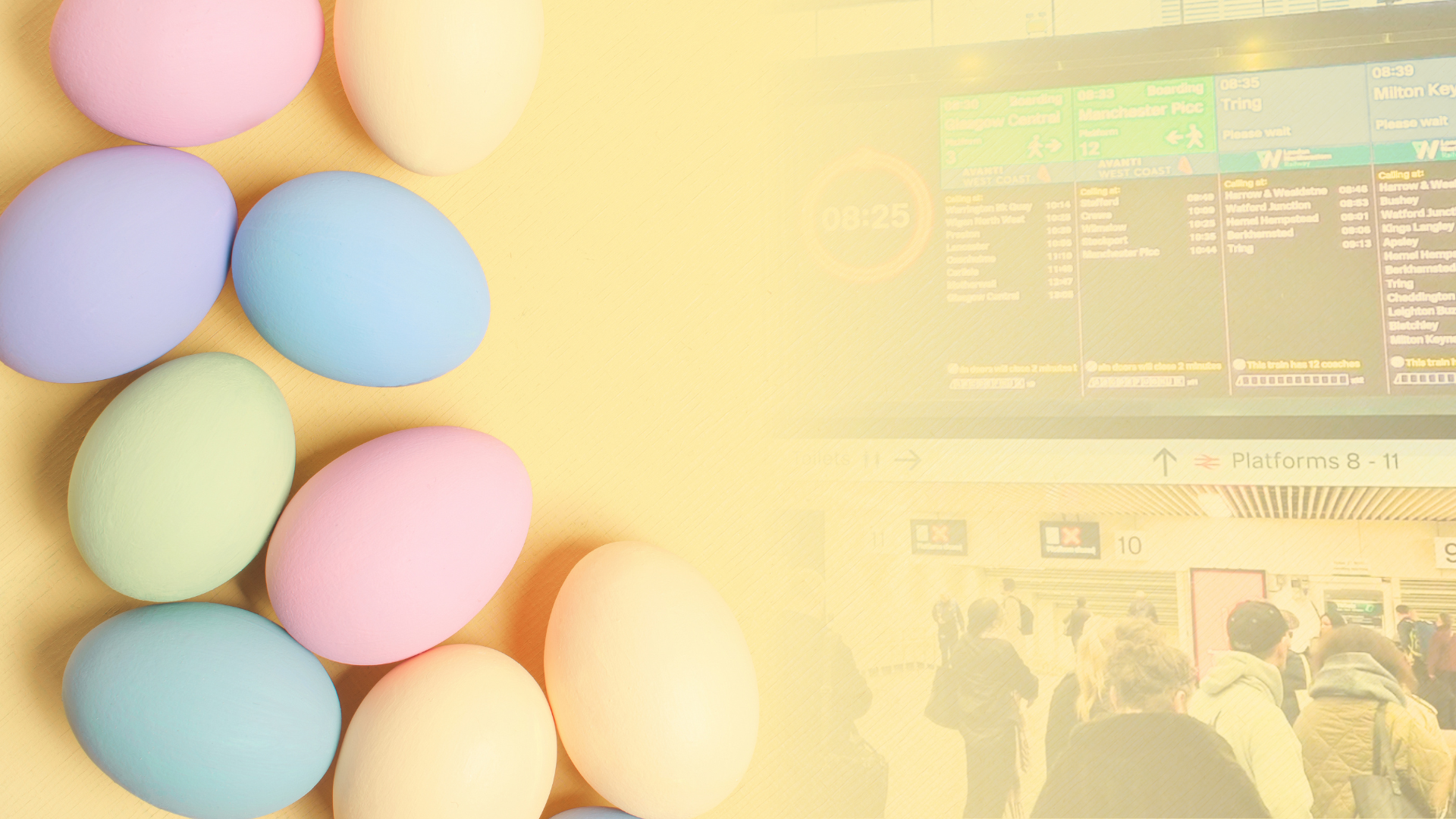 Split image with a group of coloured Easter eggs on the left side on a yellow background and a transparent image of London Euston station on the right