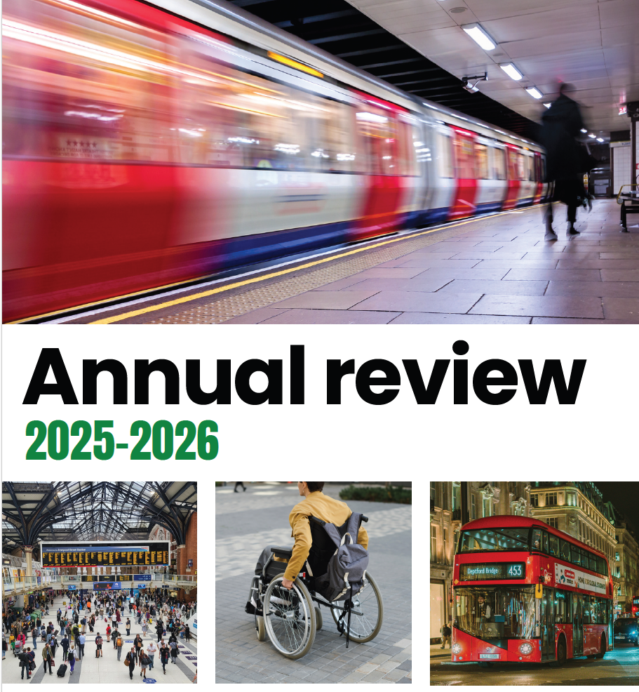Front cover of the annual review featuring images of a tube, station concourse, wheelchair user and London bus