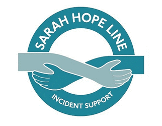 A teal circle with the words Sarah Hope Line Incident Support, with two hands supporting each other