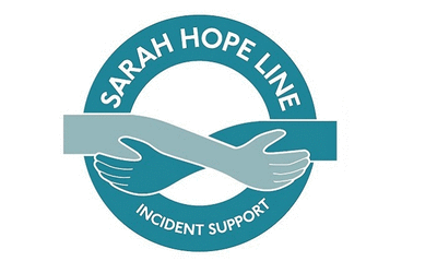 A teal circle with the words Sarah Hope Line Incident Support, with two hands supporting each other