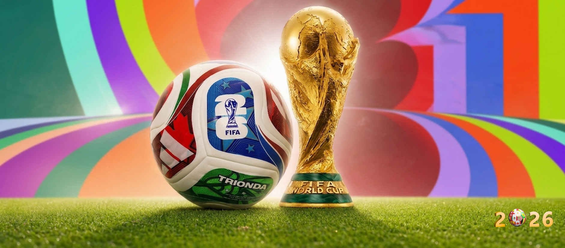 A close-up graphic illustration featuring the official gold FIFA World Cup trophy standing next to a colorful Adidas soccer ball on a green grass field. The soccer ball is branded with a blue FIFA logo badge and the word 
