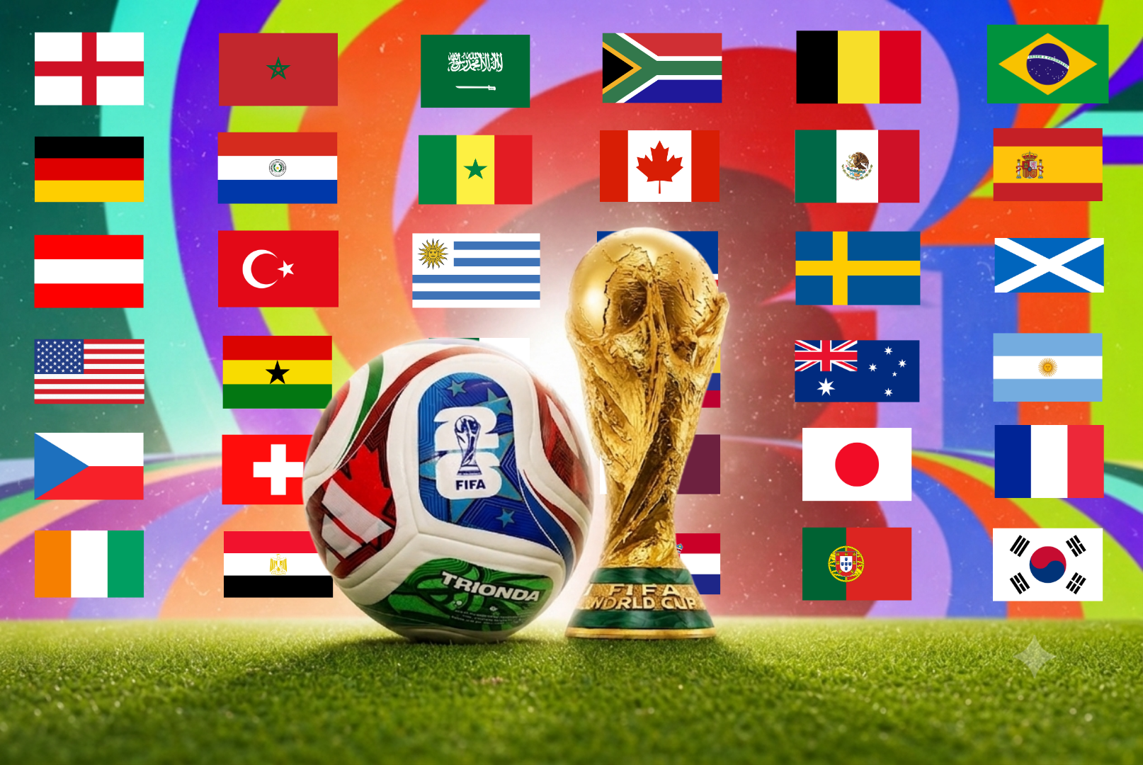 A graphic illustration celebrating the FIFA World Cup, featuring the official gold World Cup trophy and a stylized soccer ball branded with the FIFA logo and the text 