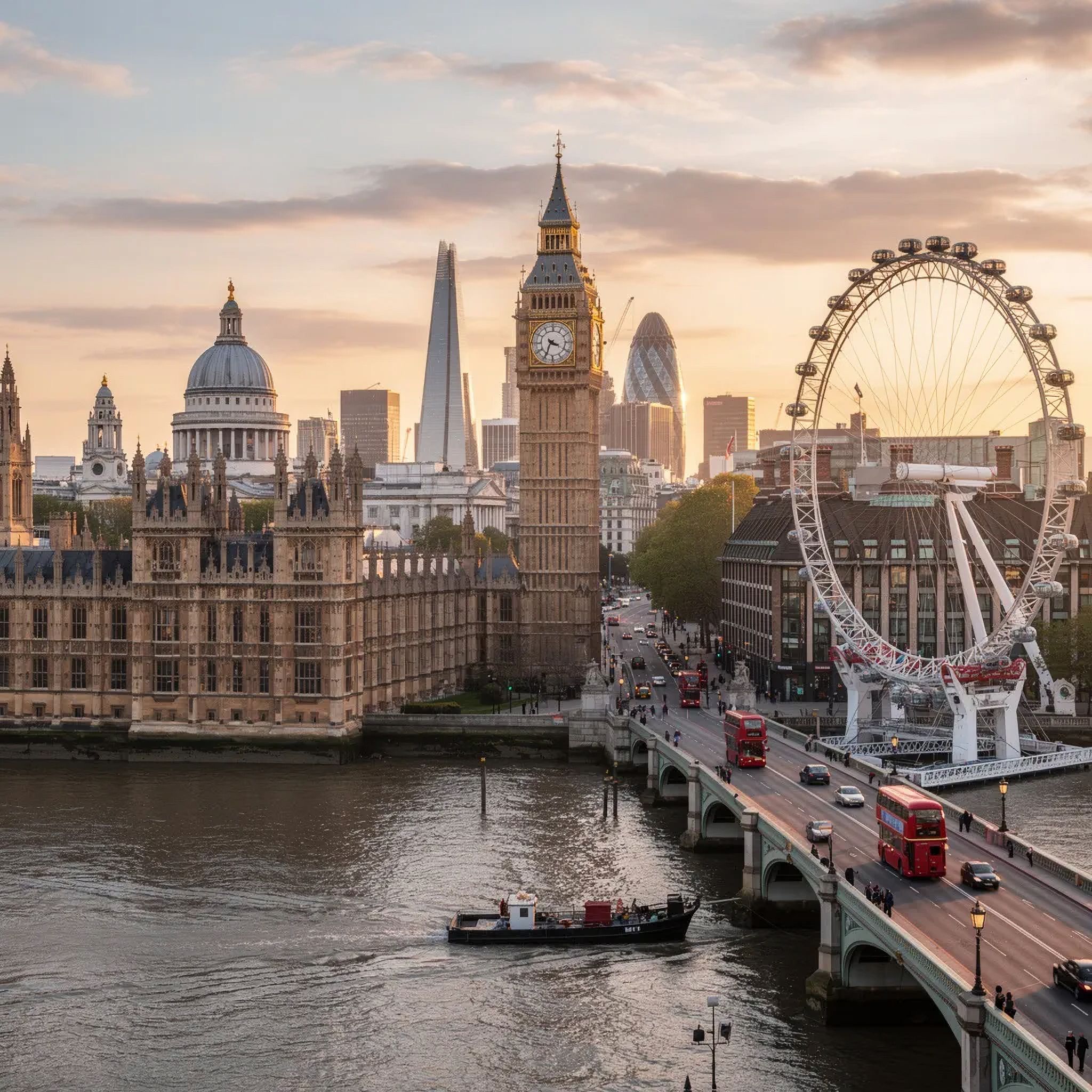 Aerial shot of London with Big Ben and the London Eye