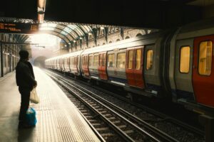 deserted tube platform with lone passenger