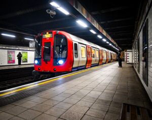 A tube pulling into a deserted tube station